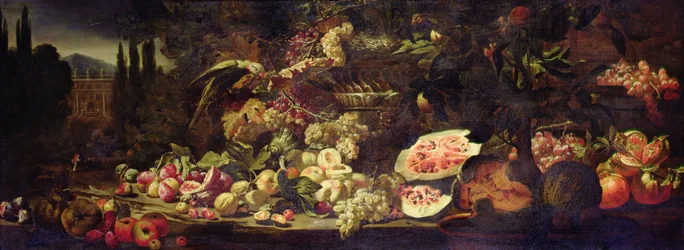 Nature morte de fruits avec un perroquet vert et un vase en argent