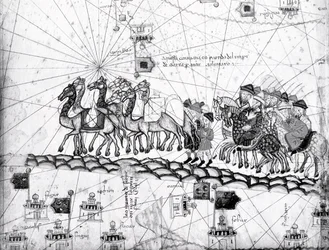 Ms Esp 20 panneau 4, Marchands voyageant vers Cathay, Chine, suivant les traces de Marco Polo, détail montrant la famille de Marco Polo voyageant en caravane de chameaux, de l