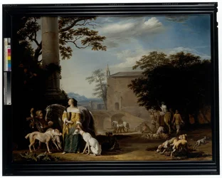 Un paysage boisé avec des chasseurs et leurs animaux se reposant à un point d