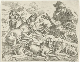 Quatre chiens, un chasseur et un lièvre