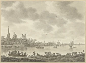 Paysage fluvial avec un bac