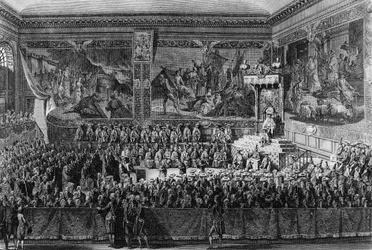 Révolution française : Lit de justice tenu à Versailles le 6 août 1787 par le roi de France Louis XVI (1754-1793). Dessin et gravure par Abraham Girardet