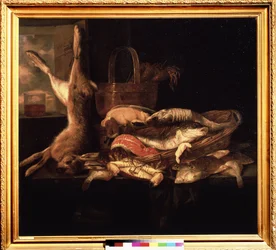 Nature morte de poissons et de lièvre mort