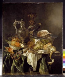 Nature morte avec une jarre à vin en argent avec un portrait reflété de l