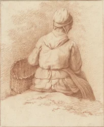 Femme de pêcheur assise avec un panier au bras, vue de dos