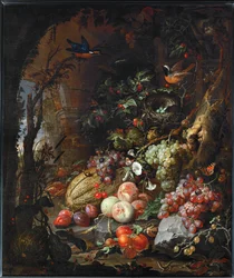 Fleurs, fruits, oiseaux et insectes dans un paysage avec ruines …