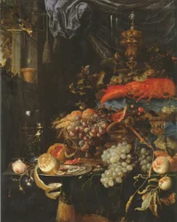 Nature morte avec des fruits, un homard et un chardonneret