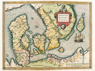 Daniae regni Typus Carte géographique du territoire du Danemark et du sud de la Suède de « Theatrum Orbis Terrarum » par Abraham Ortelius (Oertel, Ortell ou Ortel)