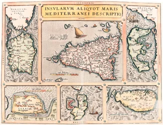 Insularum Aliquot Maris Mediterranei Descriptio. Carte géographique des îles méditerranéennes de Sicile, Sardaigne, Corfou, Malte, Djerba et Elbe du "Theatrum Orbis Terrarum" par Abraham Ortelius (Oertel, Ortell)