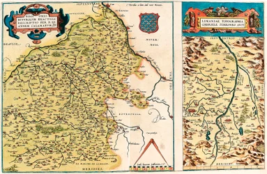 Regionis Biturigum accurss descriptio per D. Ioannem Calamaeum Carte géographique du territoire de Bourges et de la région du centre en Gaule (France) de « Theatrum Orbis Terrarum » par Abraham Ortelius (Oertel, Ortell ou Ortel)