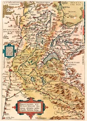 Sabaudia et Burgundiae Comitus description Carte géographique du territoire de Bourgogne et de Savoie (Pontarlier, Dijon, Lac Léman et Suisse) tirée de « Theatrum Orbis Terrarum » par Abraham Ortelius