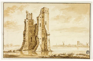 Ruines du manoir de Merwede vues de face avec Dordrecht en arrière-plan