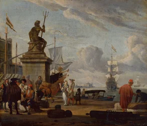 Un port méditerranéen capricieux avec des figures élégantes et des marchands