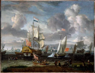 Un yacht anglais saluant un navire de guerre néerlandais dans le port de Rotterdam
