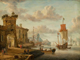 Scène de port avec ruines antiques