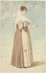 Femme debout en costume italien, vers la droite