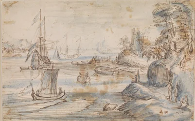 Paysage côtier avec plusieurs navires, une haute côte avec plusieurs figures