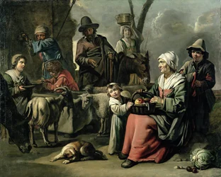 Famille de paysans à un puits