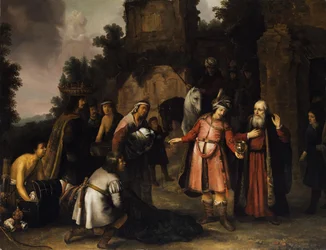 French : Le prophète Élisée rejette les dons de Naaman (2 Rois 5). Elisée décline les présents de Naaman