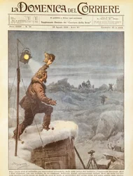Explorateur américain, Richard E Byrd, rejoint par des compagnons en Antarctique après avoir été seul pendant cinq mois, illustration d