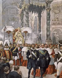 Couronnement du pape Pie X dans la basilique Saint-Pierre, Vatican, illustration par Achille Beltrame de La Domenica del Corriere