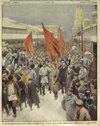 Illustration de couverture de cent mille travailleurs marchant pour commémorer le Dimanche sanglant de 1905 ; Saint-Pétersbourg, Russie