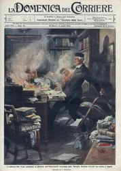Mort dans son laboratoire à Naples par Giuseppe Mercalli (1850-1914), sismologue et volcanologue italien. Illustration par Achille Beltrame pour « La domenica del corriere ». 1914