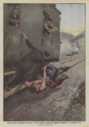 Héroïsmes obscurs, garde-frein ferroviaire qui tient suspendue et sauve une voyageuse accrochée à un train en marche