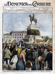 Première guerre balkanique : manifestations devant la statue du tsar à Sofia, Bulgarie - Illustration de Beltrame dans La Domenica del Corriere - octobre 1912