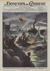 Les grands dangers de la guerre navale, marins travaillant à enlever les mines des Dardanelles