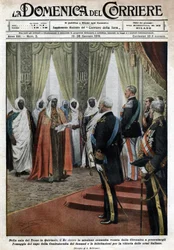 Dans la salle du trône au palais du Quirinal, le roi italien Victor Emmanuel III a reçu la mission senousiste de la Cyrénaïque (en Libye) venue rendre hommage et félicitations pour la victoire des troupes italiennes