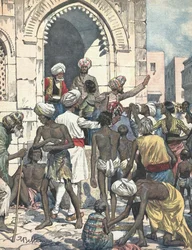Inde. La sécheresse provoque des épidémies. Distribution de nourriture. Illustré par Antonio Beltrame. "La domenica del Corriere". 26 février