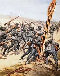 Soldats italiens traversant la frontière autrichienne, par Achille Beltrame, illustration de La Domenica del Corriere, juin 1915