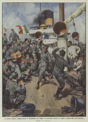 La guerre joyeuse, soldats en route pour la Tripolitaine qui dansent la tarentelle pendant le voyage