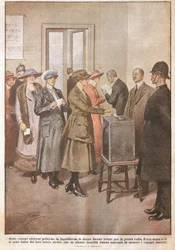 Élections politiques en Angleterre : Les femmes votent pour la première fois, illustration, 20ème siècle