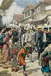 Guerre russo-japonaise (1904-1905). Arrivée à Tokyo des premiers blessés de la bataille de Ya-Lu (février 1904). Illustration par Achille Beltrame pour « La Domenica del Corriere ». Gravure.