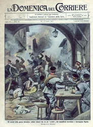 Deuxième guerre balkanique (1913) entre la Bulgarie et la Grèce et la Turquie : les soldats bulgares incendient et détruisent Nigrita en Grèce. La Domenica del Corriere. 07/1913. Illustration de Beltrame.
