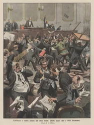 Scène tumultueuse et comique au Parlement de Bohême, gifles, coups de poing, coups de pied et jets d