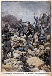 Première Guerre mondiale : front italien sur le plateau du Carso (Trentin) et prisonniers dans les souterrains. « Domenica del Corriere ». 07/1917
