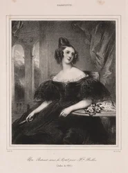 Jeune femme avec un éventail assise à une table, 1835