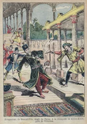 Assassinat de Naser al-Din (1831-1896), chah de Perse (Iran), en 1896 (également appelé Naseredin Shah, Naser al-Din Shah Qajar, Nassiruddin Shah) - Illustration d