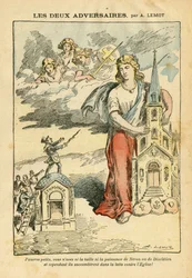 Illustration par Achille Lemot dans Le Pèlerin, 09/09/06 - Les deux adversaires - Antisémitisme, Religion Foi, Drapeau tricolore, Cathédrale Églises, Synagogue, Catholicisme - Allégorie, Changement d