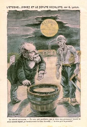 Député socialiste promettant la lune (retraite) à un pauvre prolétaire (charpentier), dans Le Pèlerin, hebdomadaire catholique N°1391 du 30 août 1903 par A. Lemot