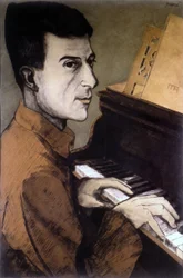 Portrait de Maurice Ravel au piano - lithographie par Ouvré