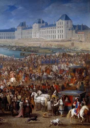 Cour et bâtards (détail de Louis XIV traversant le Pont Neuf en carrosse)