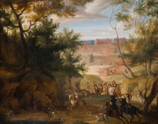 Vue de Versailles avec Louis XIV et chasseurs, 1700