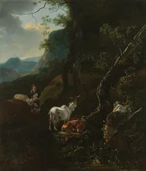 Une bergère avec des animaux dans un paysage montagneux