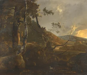 Paysage boisé avec un berger sur un chemin et une chèvre solitaire