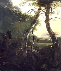 Un paysage boisé italien avec des figures et du bétail