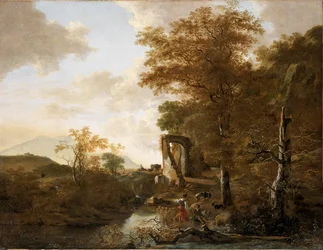 Paysage avec portail arqué (Paysage avec portail en pierre et étang)
